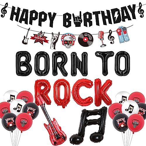 Decoraciones de fiesta de cumpleaños de rock and roll Globos de nacidos en rock, pancarta de feliz cumpleaños, guirnalda de notas musicales, globos de aluminio de guitarra para cumpleaños